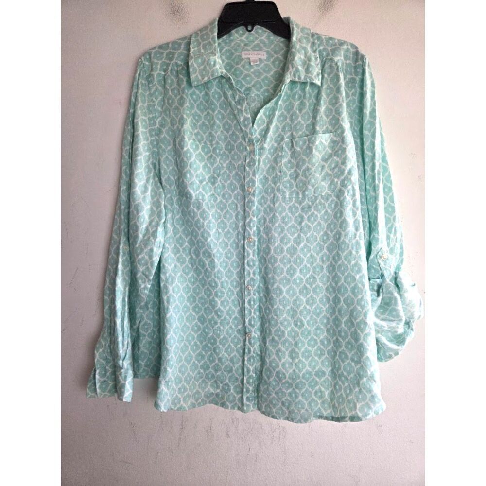 Charter Club Teal Green & White Print 100% Linen Button Down Blouse size XL